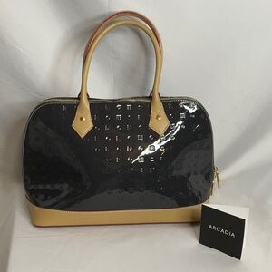 Arcadia Dome Satchel Luxurious Patent Leather Two-Tone Design Charcoal Gray& Tan